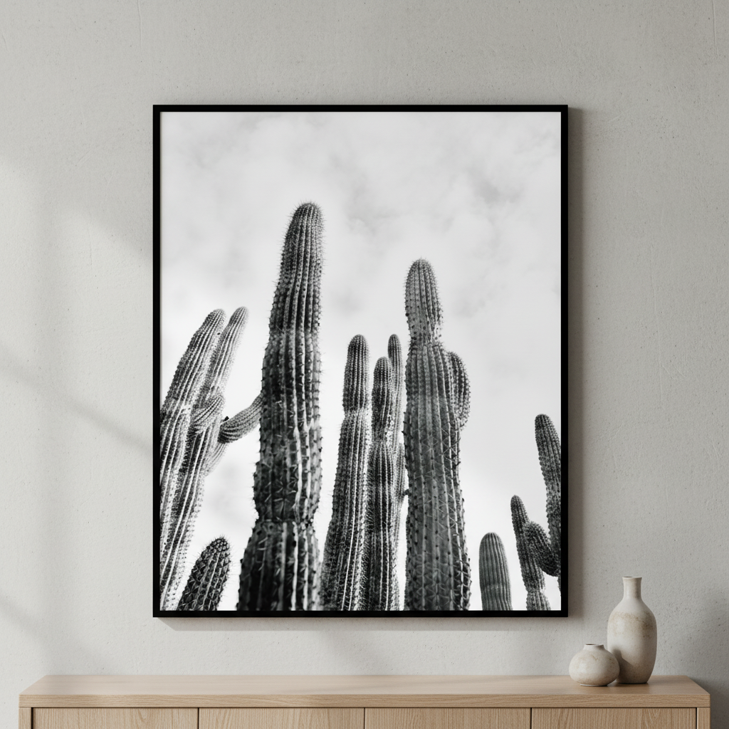Black white cactus plant sky ภาพติดผังสไตล์ธรรมชาติ สำหรับตกแต่งบ้านและคอนโด พร้อมกรอบคุณภาพ