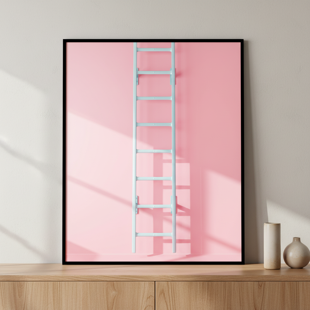 Close ladder against pink ภาพติดผังสไตล์สแกนดิเนเวีย สำหรับตกแต่งบ้านและคอนโด พร้อมกรอบคุณภาพ