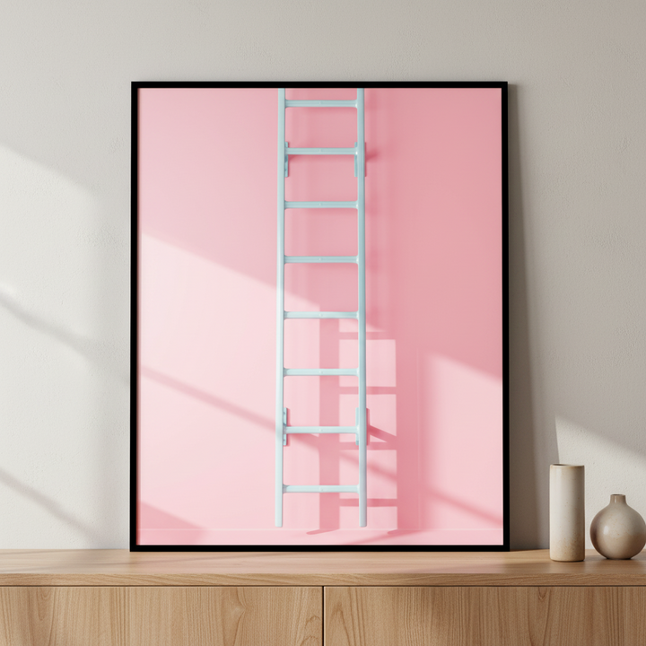 Close ladder against pink ภาพติดผังสไตล์สแกนดิเนเวีย สำหรับตกแต่งบ้านและคอนโด พร้อมกรอบคุณภาพ