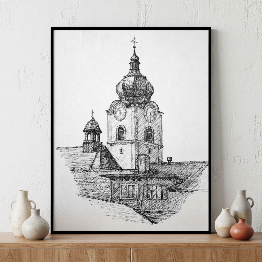 Church steeple ภาพติดผังสไตล์สแกนดิเนเวีย สำหรับตกแต่งบ้านและคอนโด พร้อมกรอบคุณภาพ