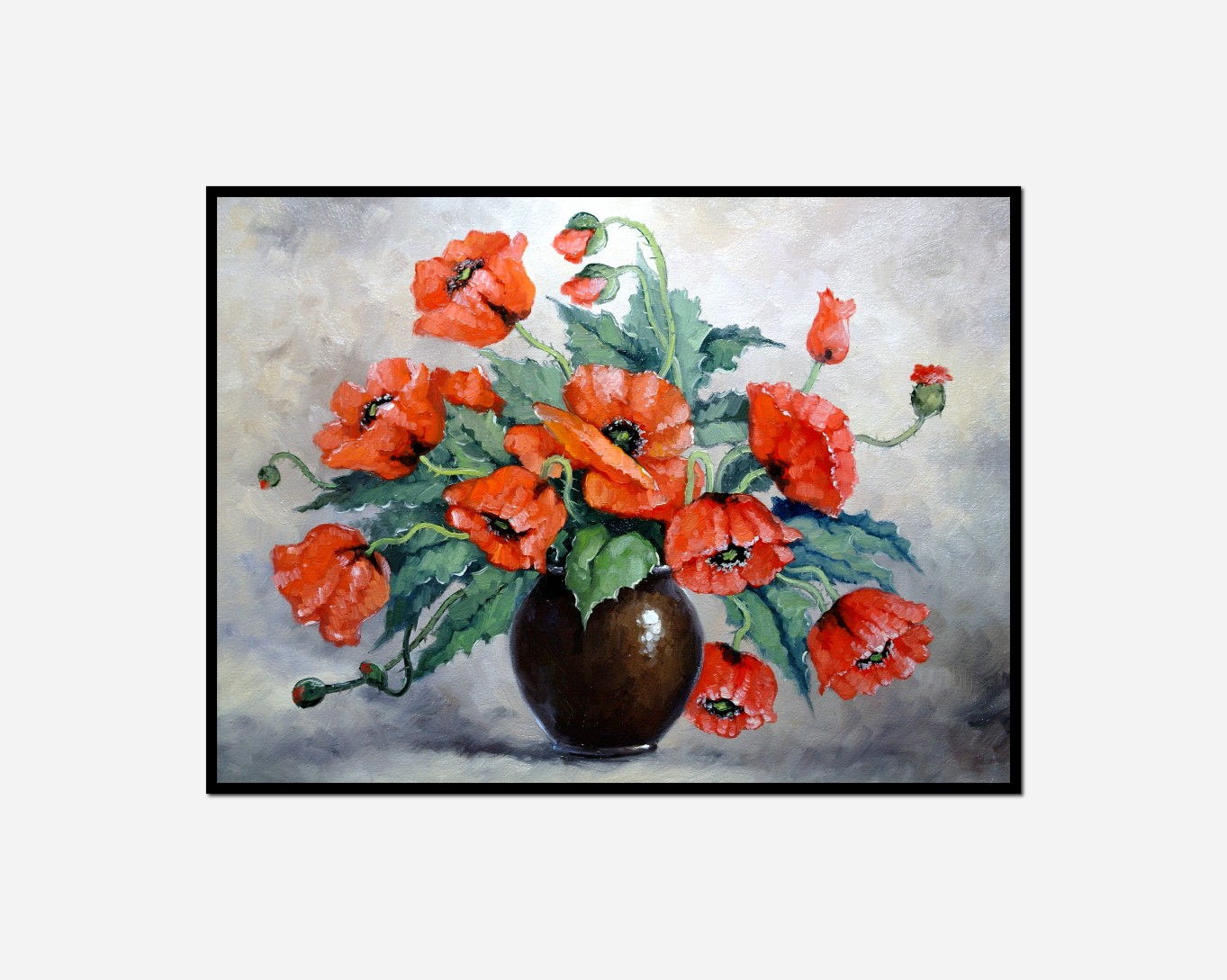 painting vase red flowers green leaves