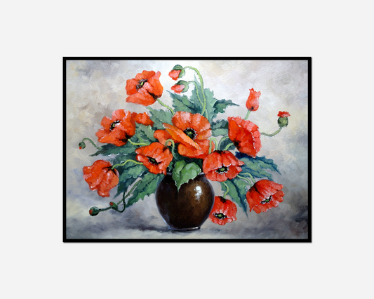 painting vase red flowers green leaves