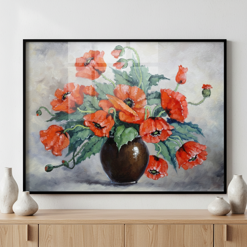 Painting vase red flowers green leaves ภาพติดผังสไตล์สแกนดิเนเวีย สำหรับตกแต่งบ้านและคอนโด พร้อมกรอบคุณภาพ