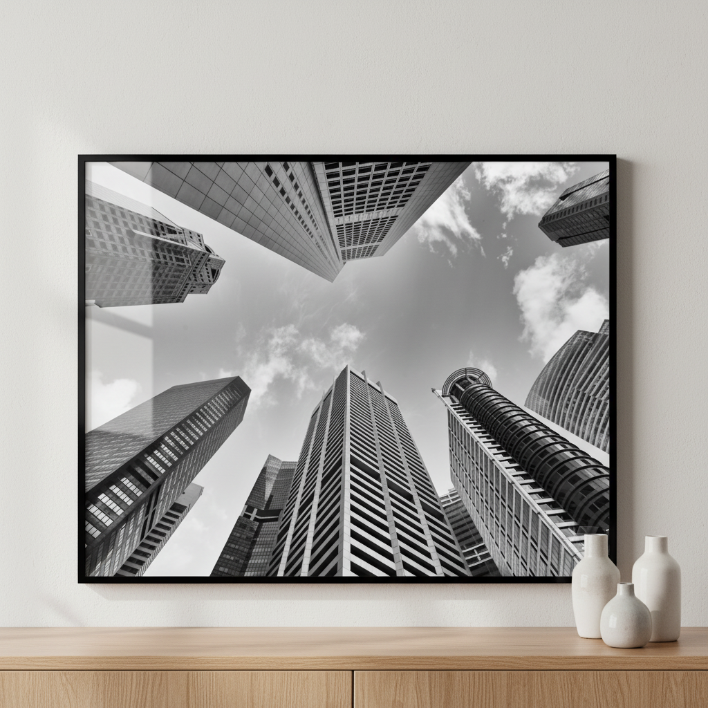 City tall buildings cloudy sky ภาพติดผังสไตล์สแกนดิเนเวีย สำหรับตกแต่งบ้านและคอนโด พร้อมกรอบคุณภาพ