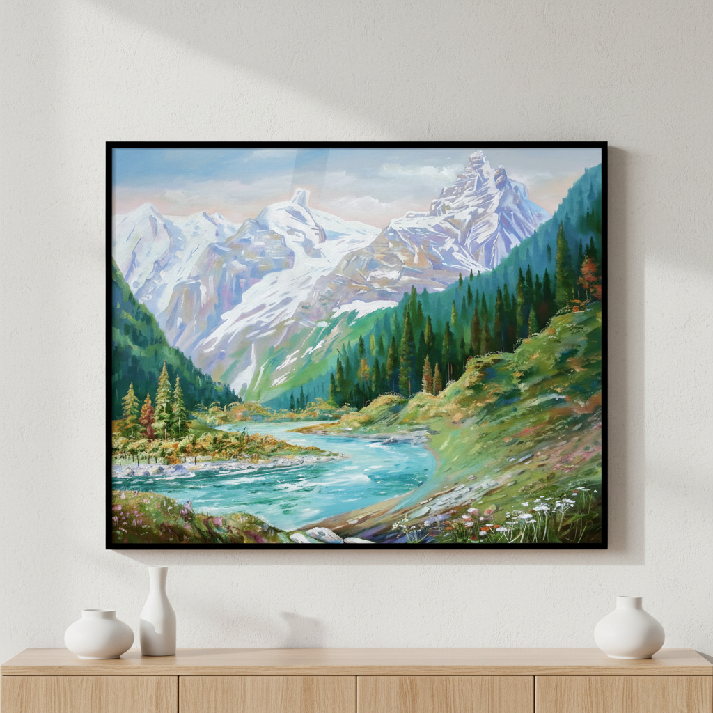 Painting mountain scene river mountain range ภาพติดผังสไตล์สแกนดิเนเวีย สำหรับตกแต่งบ้านและคอนโด พร้อมกรอบคุณภาพ