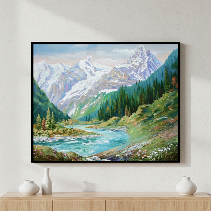 Painting mountain scene river mountain range ภาพติดผังสไตล์สแกนดิเนเวีย สำหรับตกแต่งบ้านและคอนโด พร้อมกรอบคุณภาพ