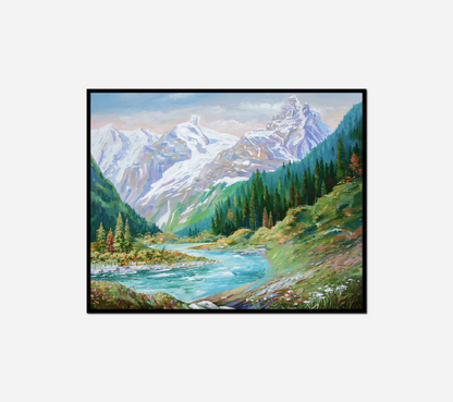 Painting mountain scene river mountain range