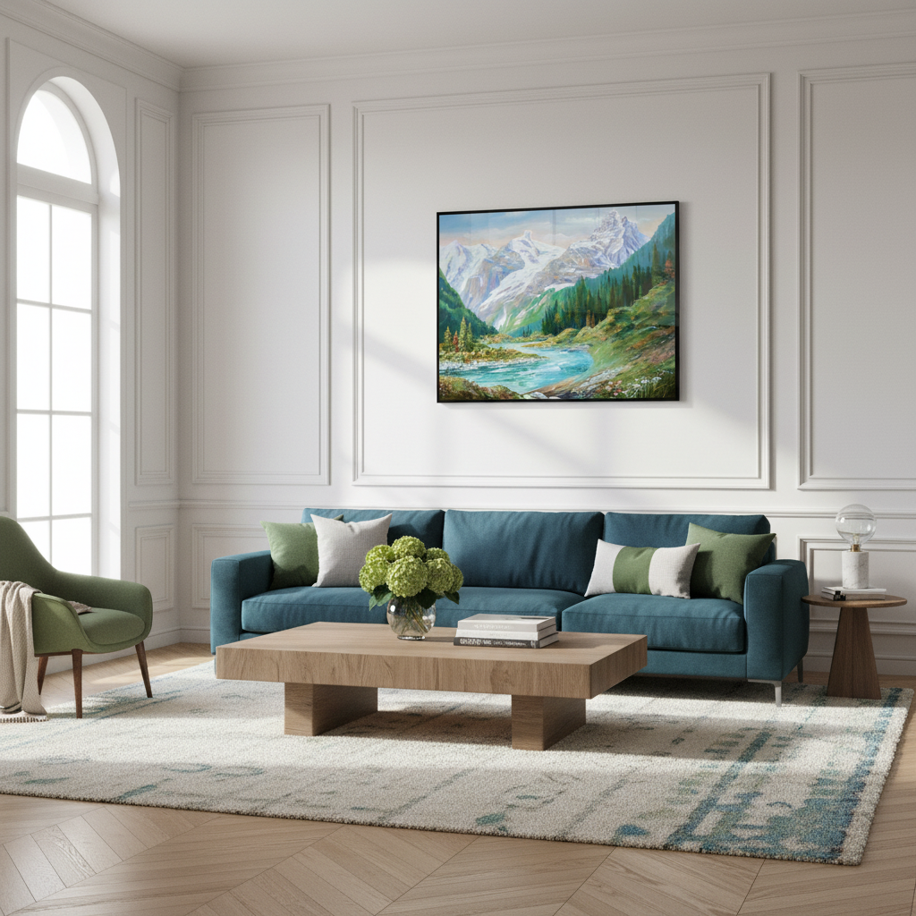 Painting mountain scene river mountain range