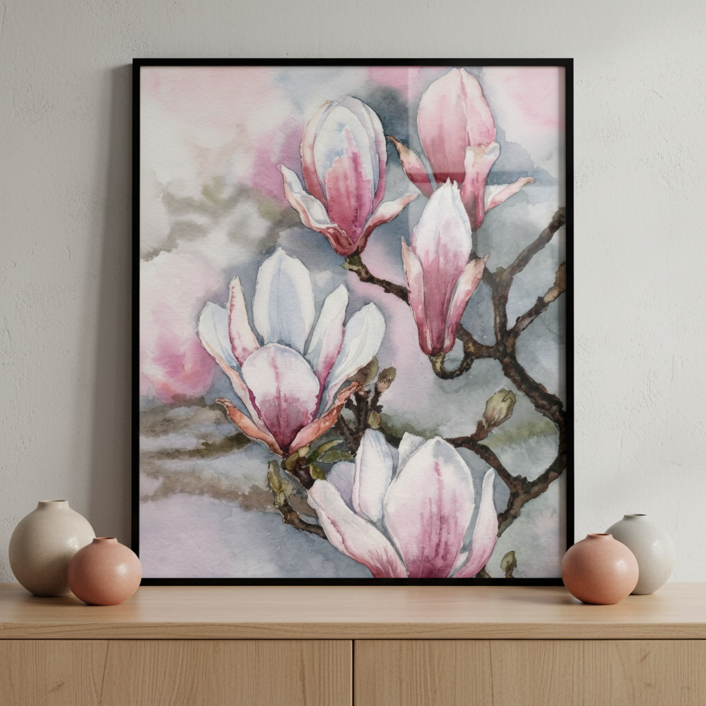 Painting pink flower branch ภาพติดผังสไตล์สแกนดิเนเวีย สำหรับตกแต่งบ้านและคอนโด พร้อมกรอบคุณภาพ