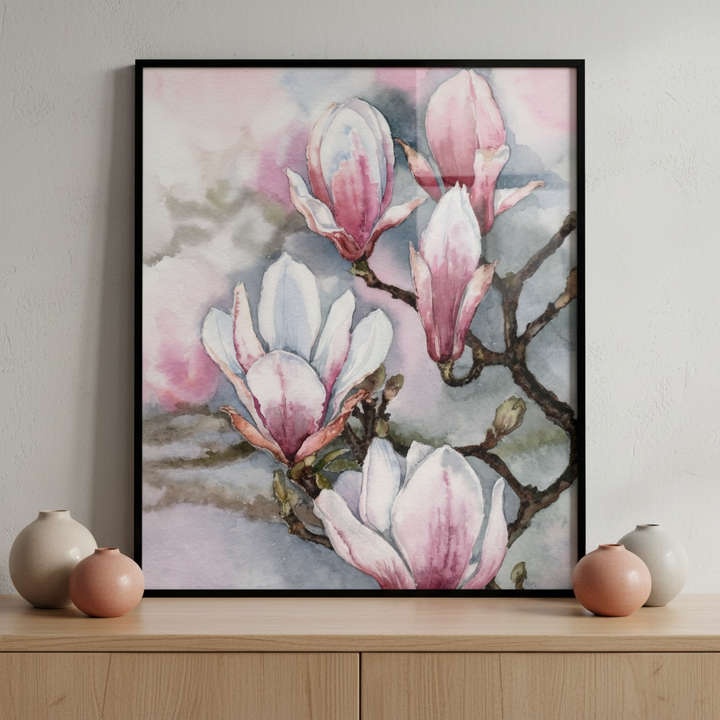 Painting pink flower branch ภาพติดผังสไตล์สแกนดิเนเวีย สำหรับตกแต่งบ้านและคอนโด พร้อมกรอบคุณภาพ