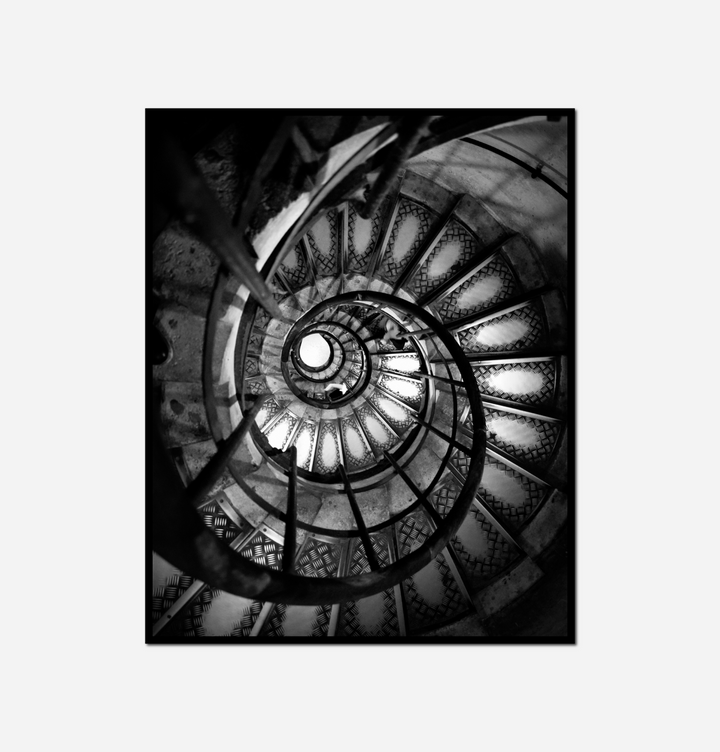 black white spiral staircase building