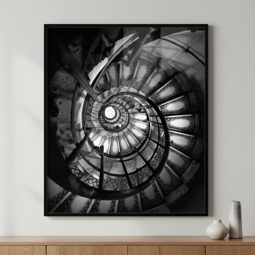 Black white spiral staircase building ภาพติดผังสไตล์สแกนดิเนเวีย สำหรับตกแต่งบ้านและคอนโด พร้อมกรอบคุณภาพ