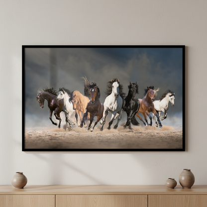 Five horses running together line beach ภาพติดผังสไตล์สแกนดิเนเวีย สำหรับตกแต่งบ้านและคอนโด พร้อมกรอบคุณภาพ