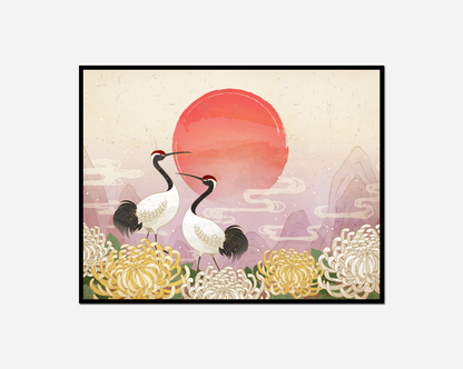 Two birds standing field flowers sun