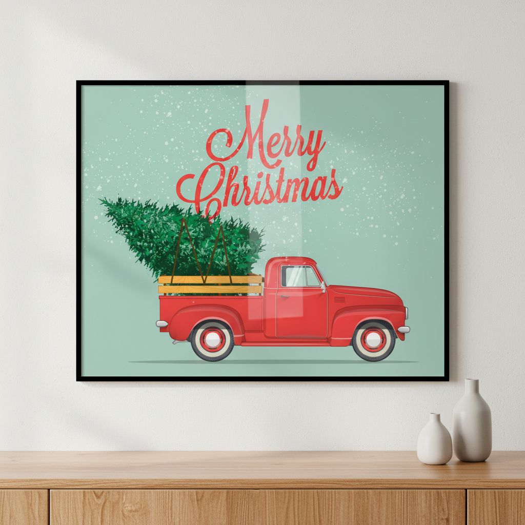 Red truck christmas tree back ภาพติดผังสไตล์นามธรรม สำหรับตกแต่งบ้านและคอนโด พร้อมกรอบคุณภาพ