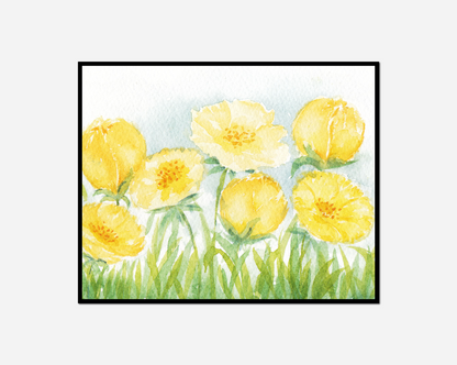 Yellow flowers field grass white