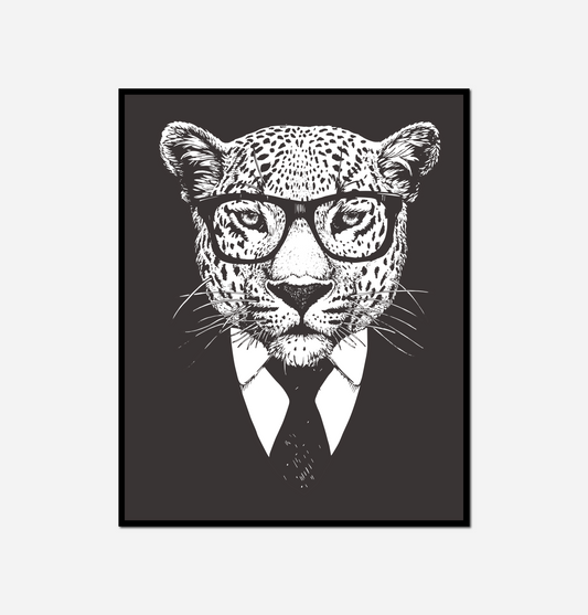 leopard wearing glasses tie