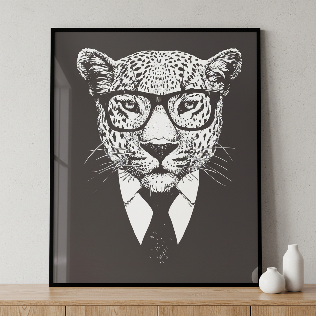 Leopard wearing glasses tie ภาพติดผังสไตล์สแกนดิเนเวีย สำหรับตกแต่งบ้านและคอนโด พร้อมกรอบคุณภาพ