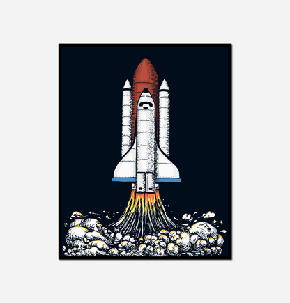 Close space shuttle taking off from cloud filled sky