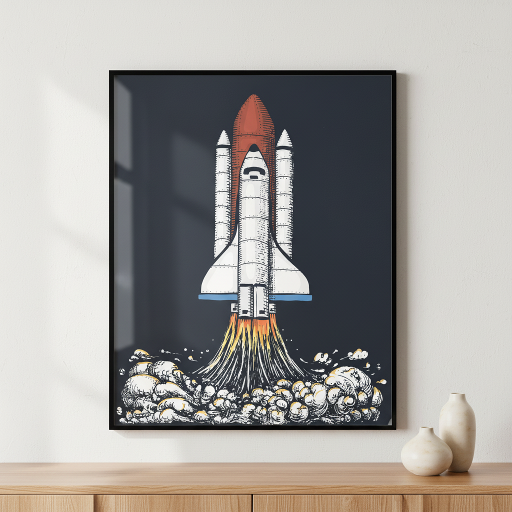 Close space shuttle taking off from cloud filled sky ภาพติดผังสไตล์นามธรรม สำหรับตกแต่งบ้านและคอนโด พร้อมกรอบคุณภาพ