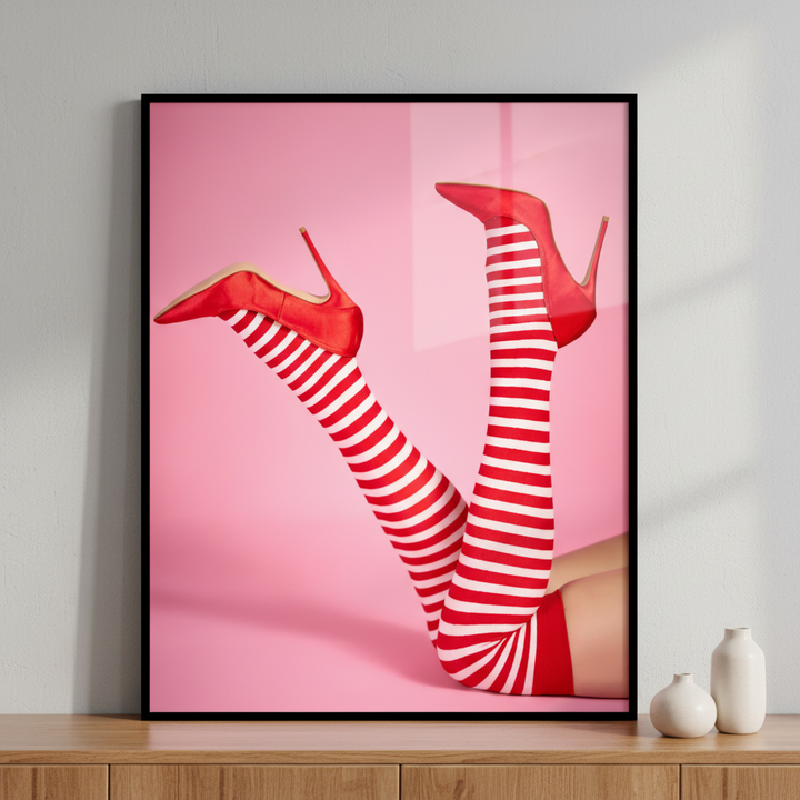 Giraffe legs striped stockings red high heels pink ภาพติดผังสไตล์สแกนดิเนเวีย สำหรับตกแต่งบ้านและคอนโด พร้อมกรอบคุณภาพ