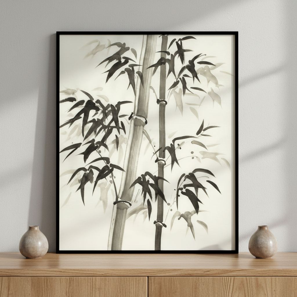 Bamboo tree leaves bird ภาพติดผังสไตล์ธรรมชาติ สำหรับตกแต่งบ้านและคอนโด พร้อมกรอบคุณภาพ
