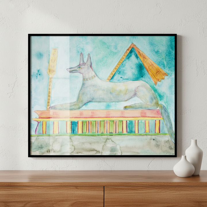 Painting dog laying bench yellow umbrella ภาพติดผังสไตล์สแกนดิเนเวีย สำหรับตกแต่งบ้านและคอนโด พร้อมกรอบคุณภาพ