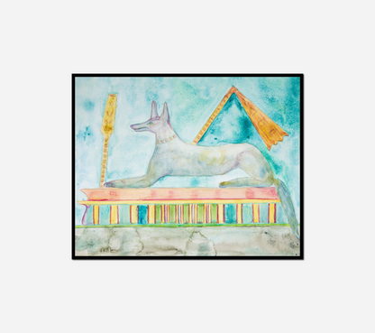 Painting dog laying bench yellow umbrella