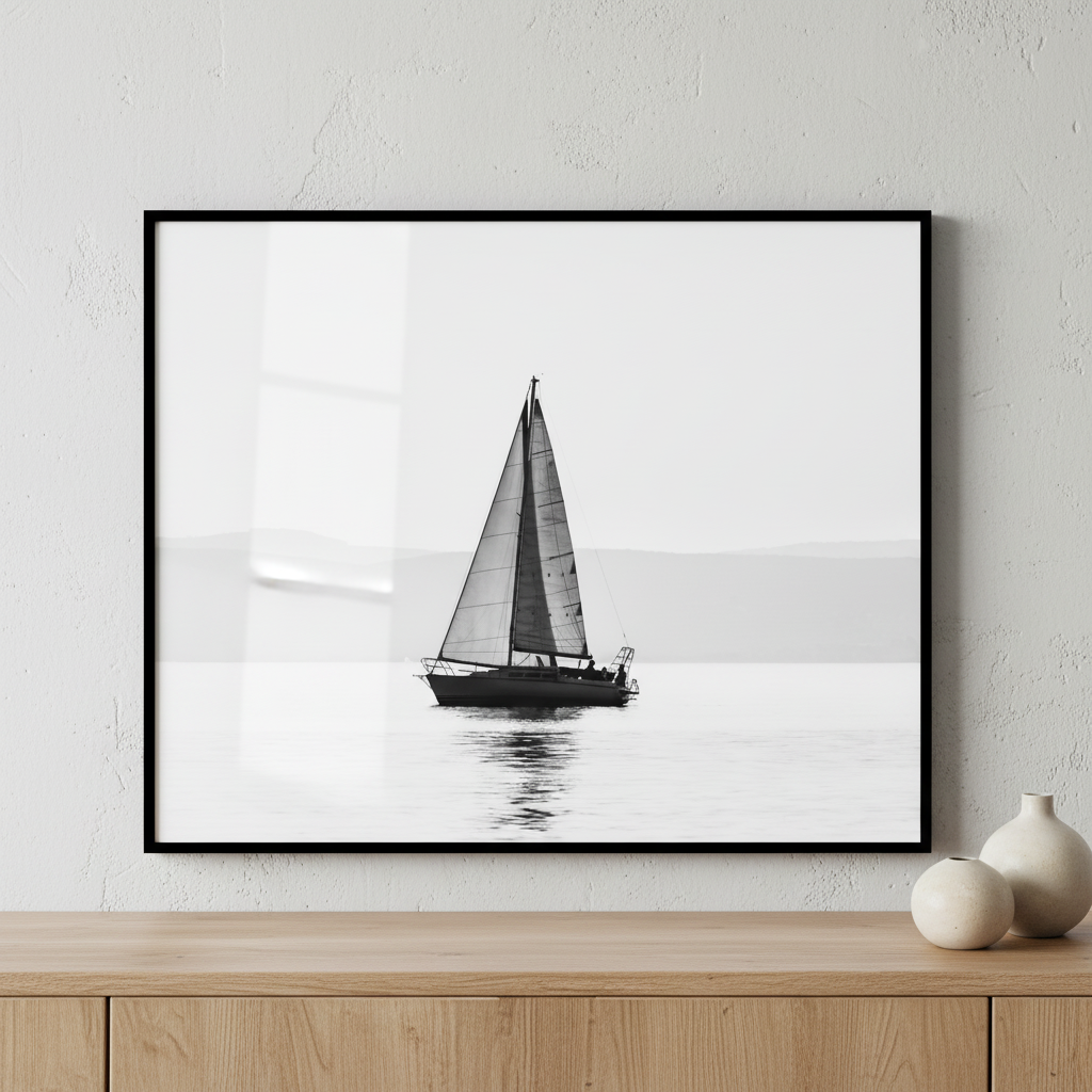 Sailboat ocean mountain ภาพติดผังสไตล์วิวธรรมชาติ สำหรับตกแต่งบ้านและคอนโด พร้อมกรอบคุณภาพ
