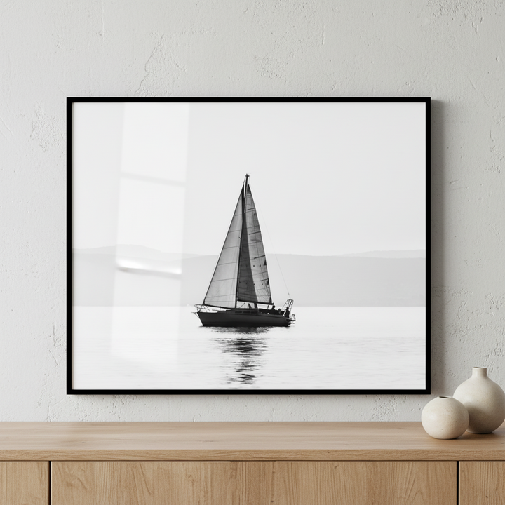 Sailboat ocean mountain ภาพติดผังสไตล์วิวธรรมชาติ สำหรับตกแต่งบ้านและคอนโด พร้อมกรอบคุณภาพ