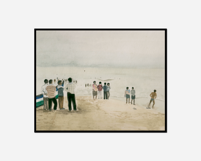 Many people standing beach boat