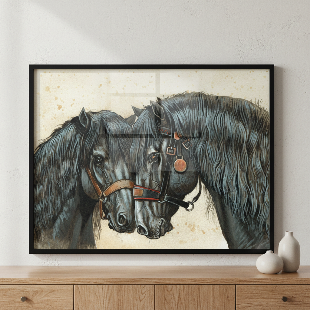 Two horses standing together ภาพติดผังสไตล์สแกนดิเนเวีย สำหรับตกแต่งบ้านและคอนโด พร้อมกรอบคุณภาพ