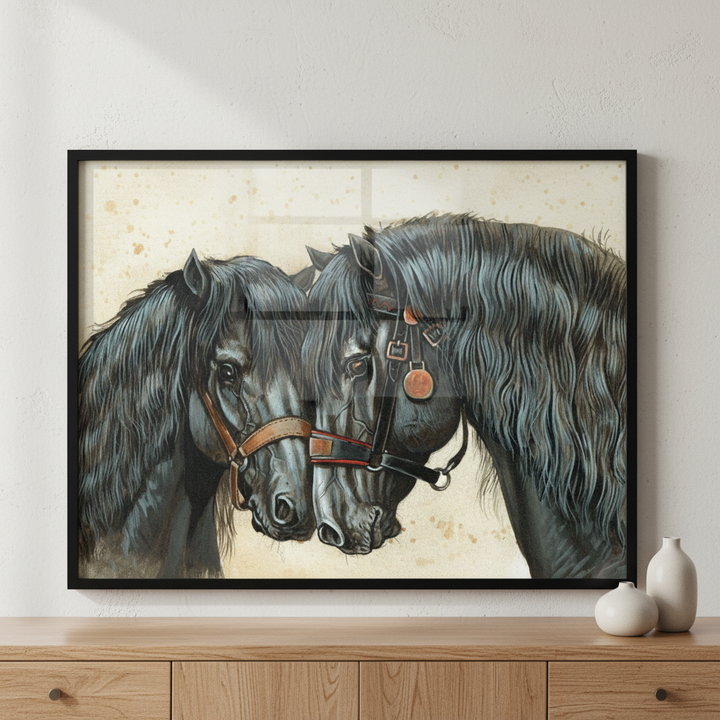 Two horses standing together ภาพติดผังสไตล์สแกนดิเนเวีย สำหรับตกแต่งบ้านและคอนโด พร้อมกรอบคุณภาพ