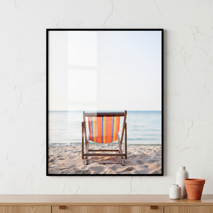 Beach chair beach ocean ภาพติดผังสไตล์วิวธรรมชาติ สำหรับตกแต่งบ้านและคอนโด พร้อมกรอบคุณภาพ