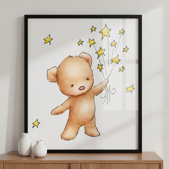 Teddy bear holding bunch stars ภาพติดผังสไตล์สแกนดิเนเวีย สำหรับตกแต่งบ้านและคอนโด พร้อมกรอบคุณภาพ