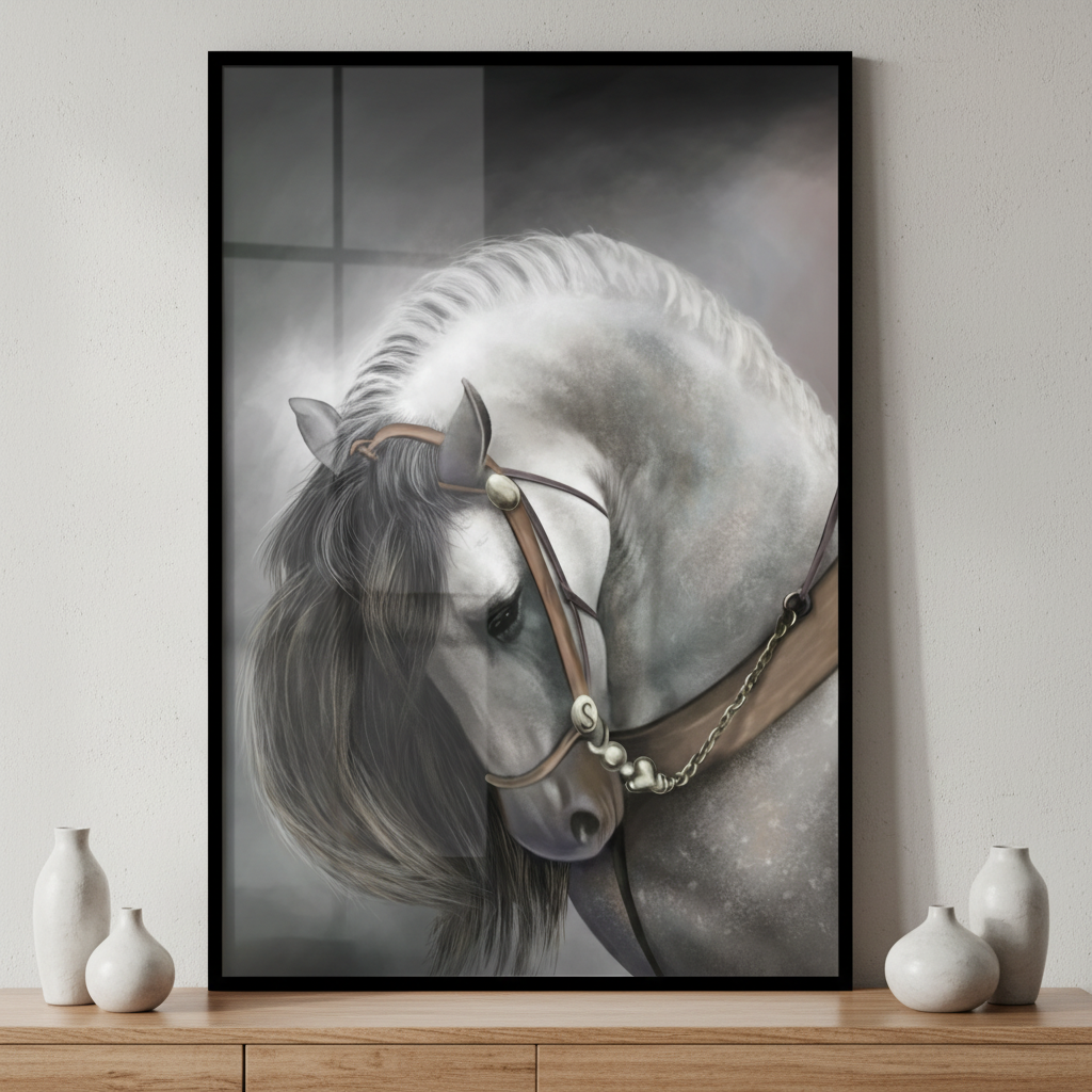 Painting white horse bridle ภาพติดผังสไตล์สแกนดิเนเวีย สำหรับตกแต่งบ้านและคอนโด พร้อมกรอบคุณภาพ