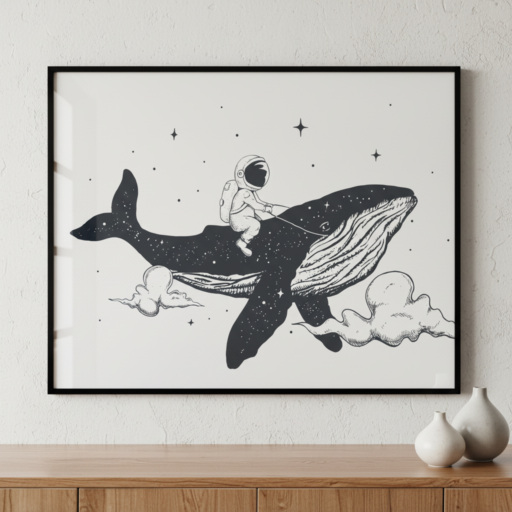 Close person riding whale sky ภาพติดผังสไตล์สแกนดิเนเวีย สำหรับตกแต่งบ้านและคอนโด พร้อมกรอบคุณภาพ