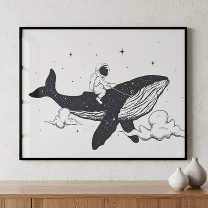 Close person riding whale sky ภาพติดผังสไตล์สแกนดิเนเวีย สำหรับตกแต่งบ้านและคอนโด พร้อมกรอบคุณภาพ