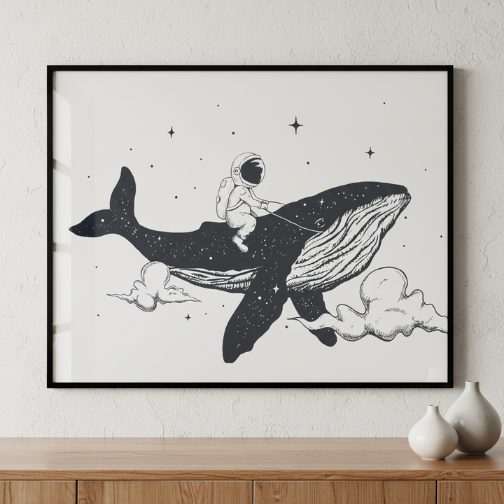 Close person riding whale sky ภาพติดผังสไตล์สแกนดิเนเวีย สำหรับตกแต่งบ้านและคอนโด พร้อมกรอบคุณภาพ