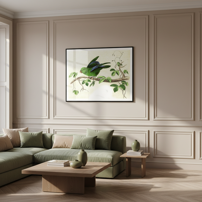 Green bird sitting branch tree