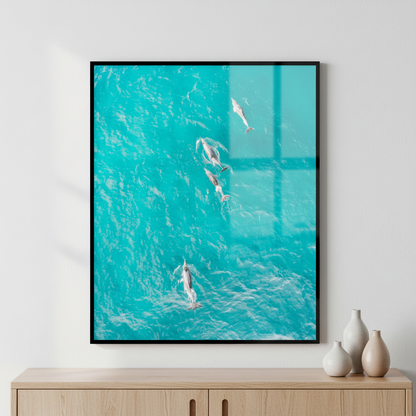three people swimming ocean surfboard ภาพติดผังสไตล์วิวธรรมชาติ สำหรับตกแต่งบ้านและคอนโด พร้อมกรอบคุณภาพ
