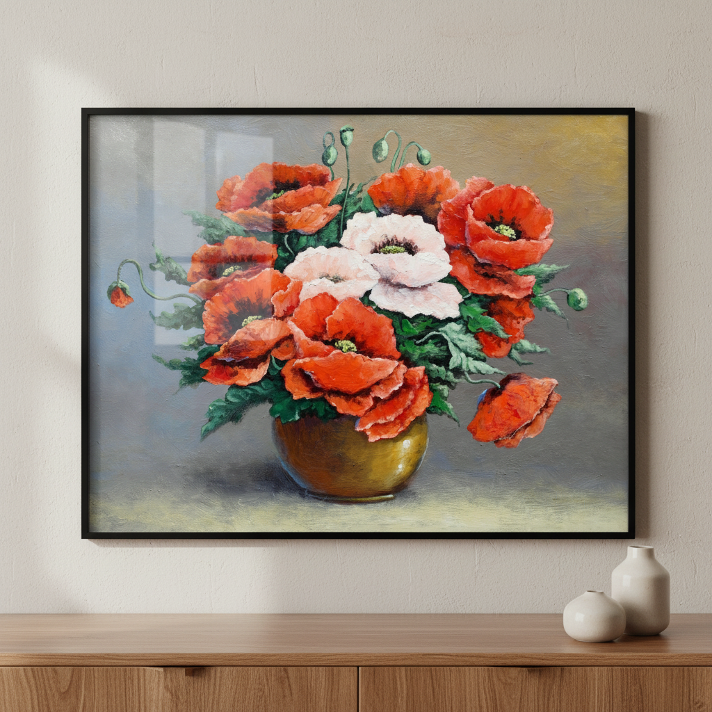Painting vase red white flowers table ภาพติดผังสไตล์สแกนดิเนเวีย สำหรับตกแต่งบ้านและคอนโด พร้อมกรอบคุณภาพ