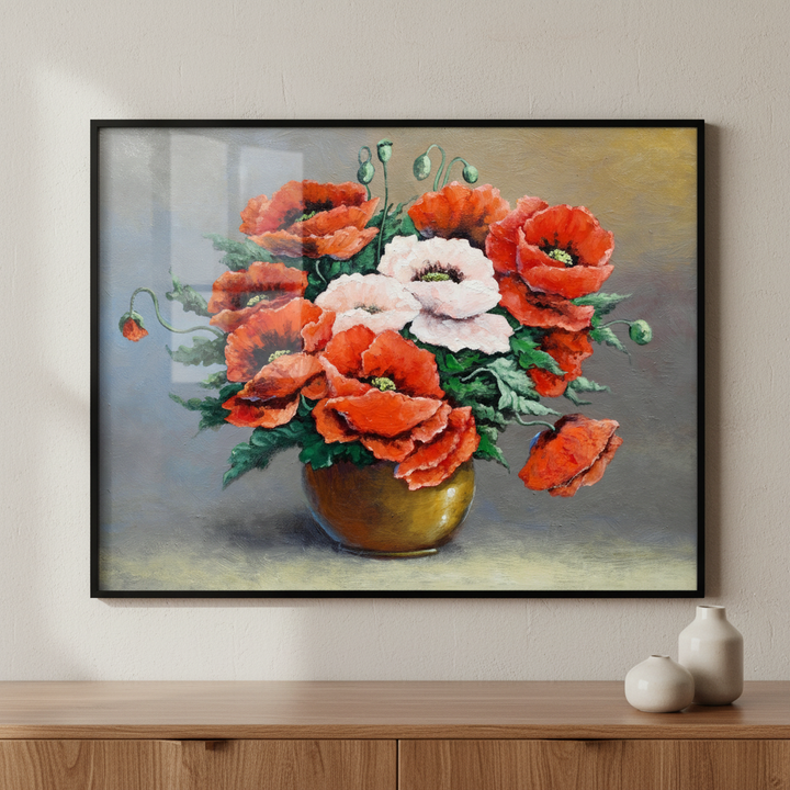 Painting vase red white flowers table ภาพติดผังสไตล์สแกนดิเนเวีย สำหรับตกแต่งบ้านและคอนโด พร้อมกรอบคุณภาพ