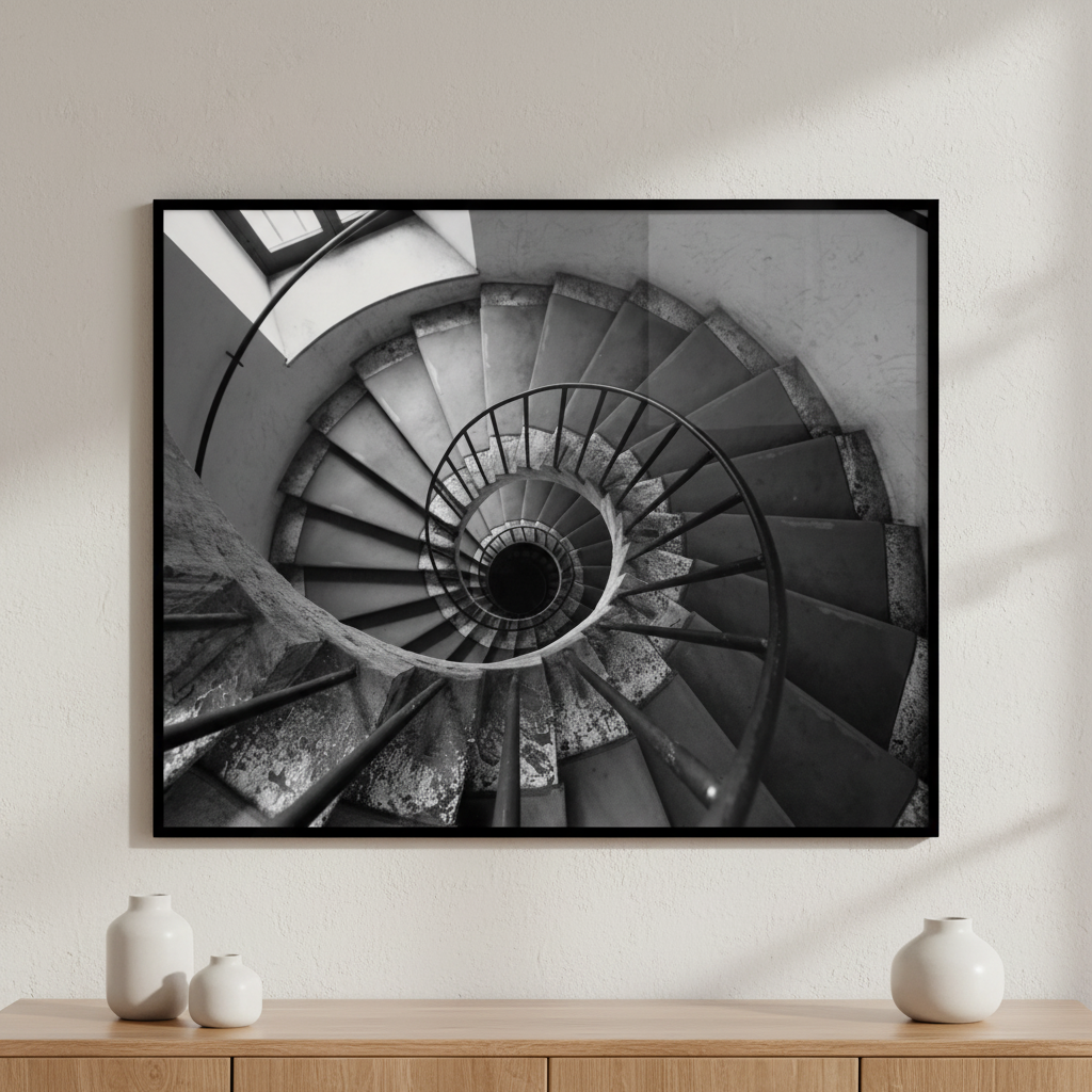 close spiral staircase building window ภาพติดผังสไตล์สแกนดิเนเวีย สำหรับตกแต่งบ้านและคอนโด พร้อมกรอบคุณภาพ