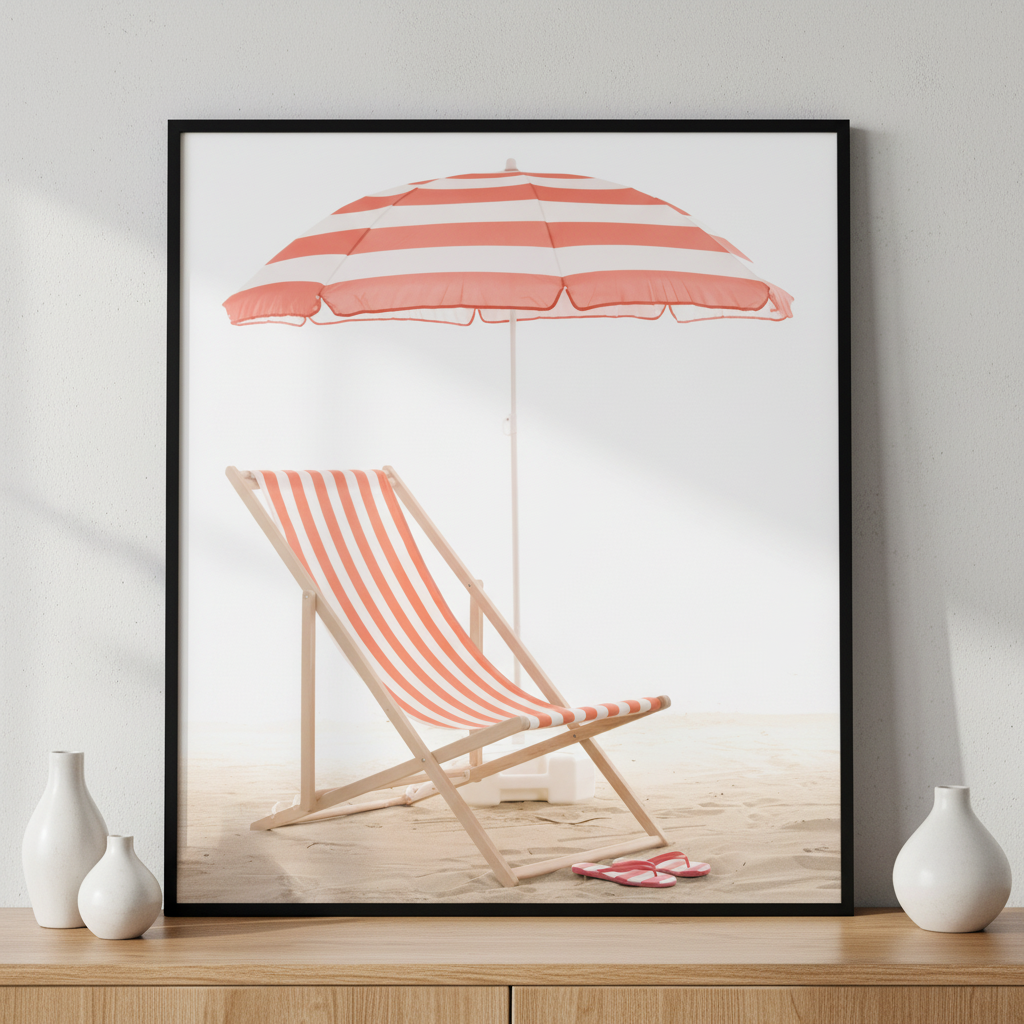 Beach chair umbrella beach ภาพติดผังสไตล์วิวธรรมชาติ สำหรับตกแต่งบ้านและคอนโด พร้อมกรอบคุณภาพ