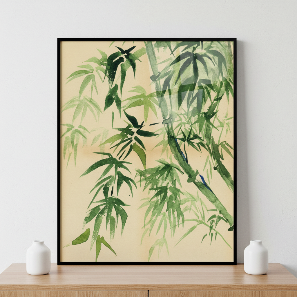 Painting bamboo tree green leaves ภาพติดผังสไตล์ธรรมชาติ สำหรับตกแต่งบ้านและคอนโด พร้อมกรอบคุณภาพ