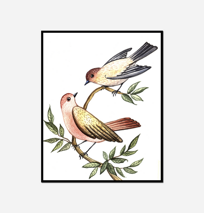 Two birds sitting branch tree