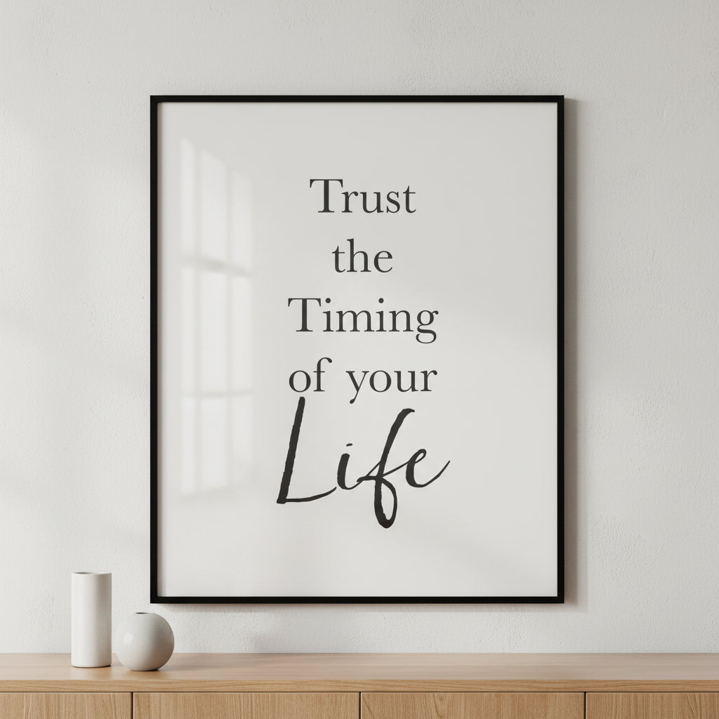 Black white words trust timing your life ภาพติดผังสไตล์สแกนดิเนเวีย สำหรับตกแต่งบ้านและคอนโด พร้อมกรอบคุณภาพ