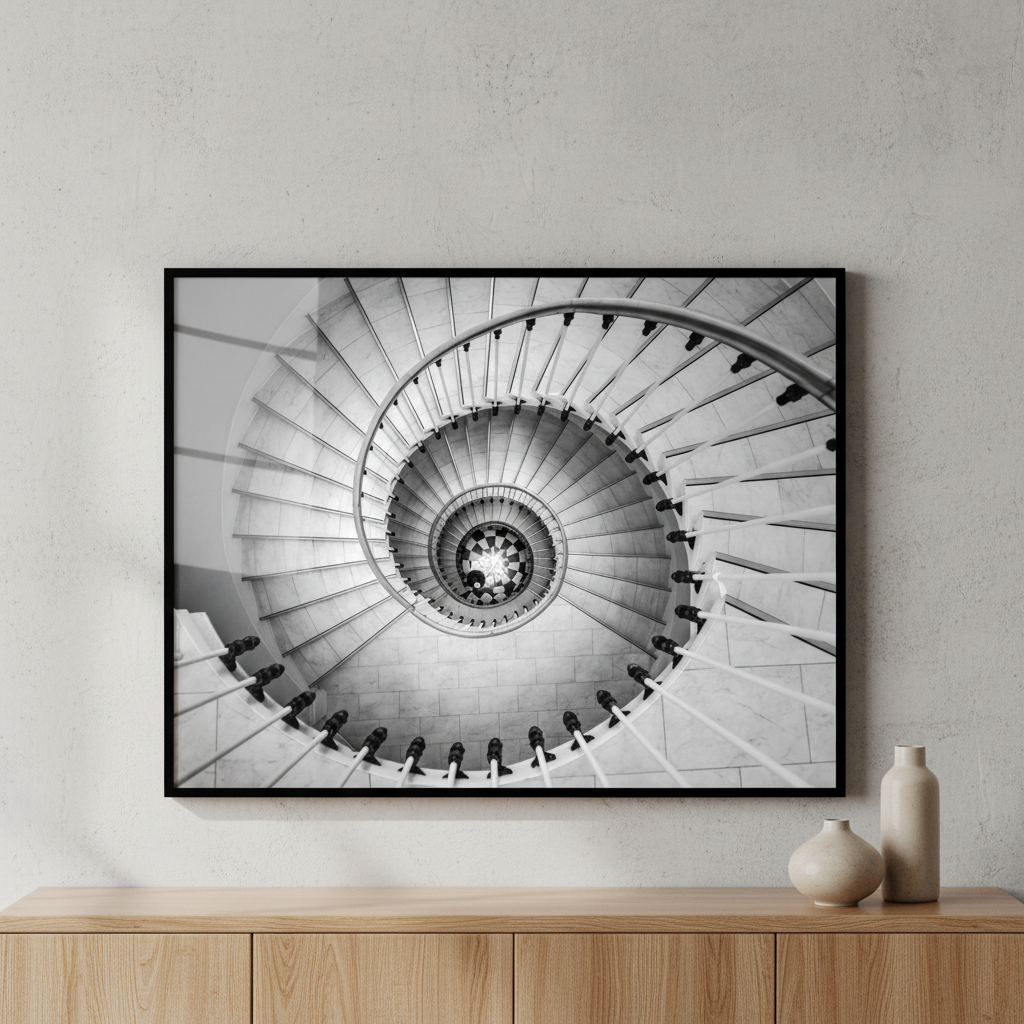 Close spiral staircase clock ภาพติดผังสไตล์สแกนดิเนเวีย สำหรับตกแต่งบ้านและคอนโด พร้อมกรอบคุณภาพ