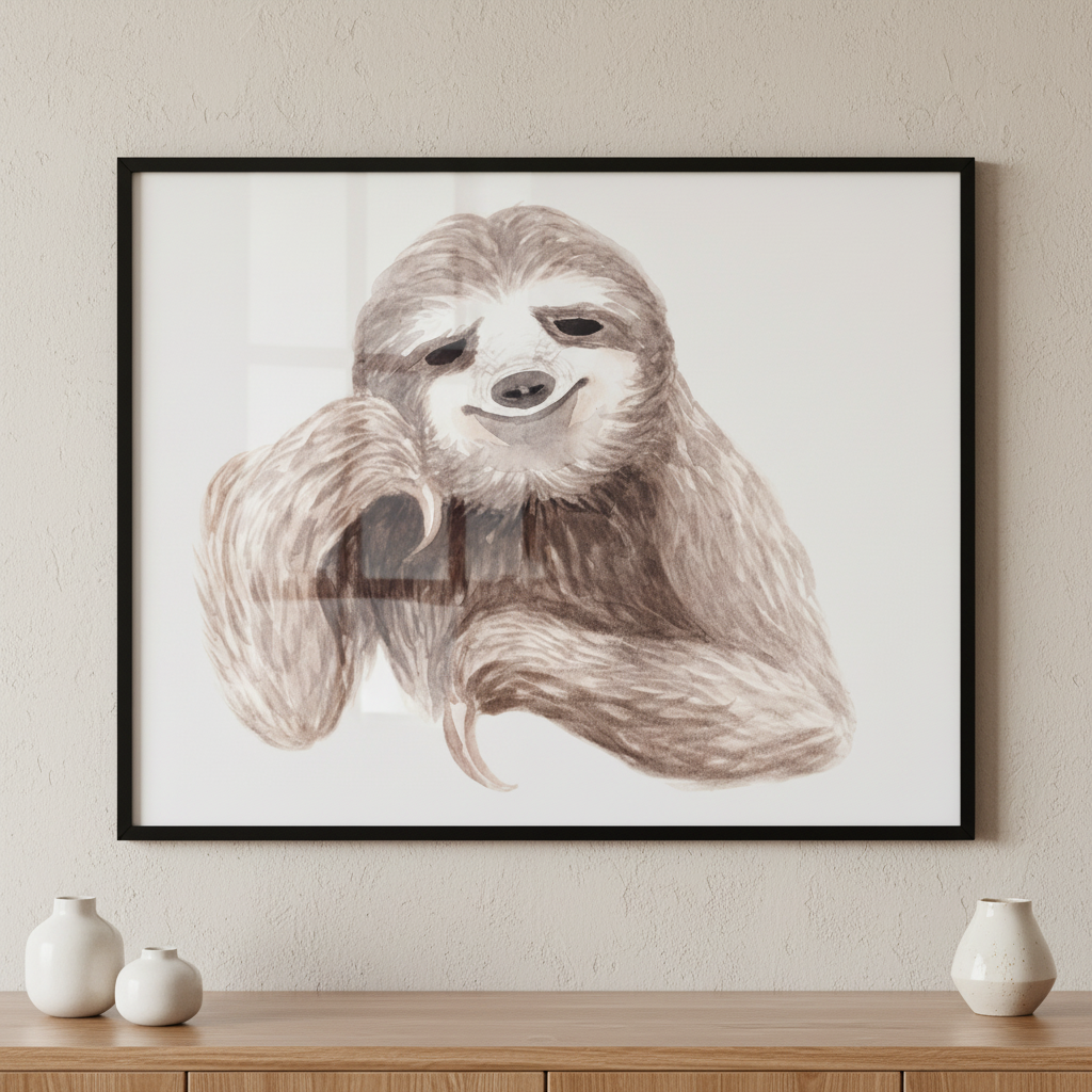 Sloth long hair smile his face ภาพติดผังสไตล์สแกนดิเนเวีย สำหรับตกแต่งบ้านและคอนโด พร้อมกรอบคุณภาพ